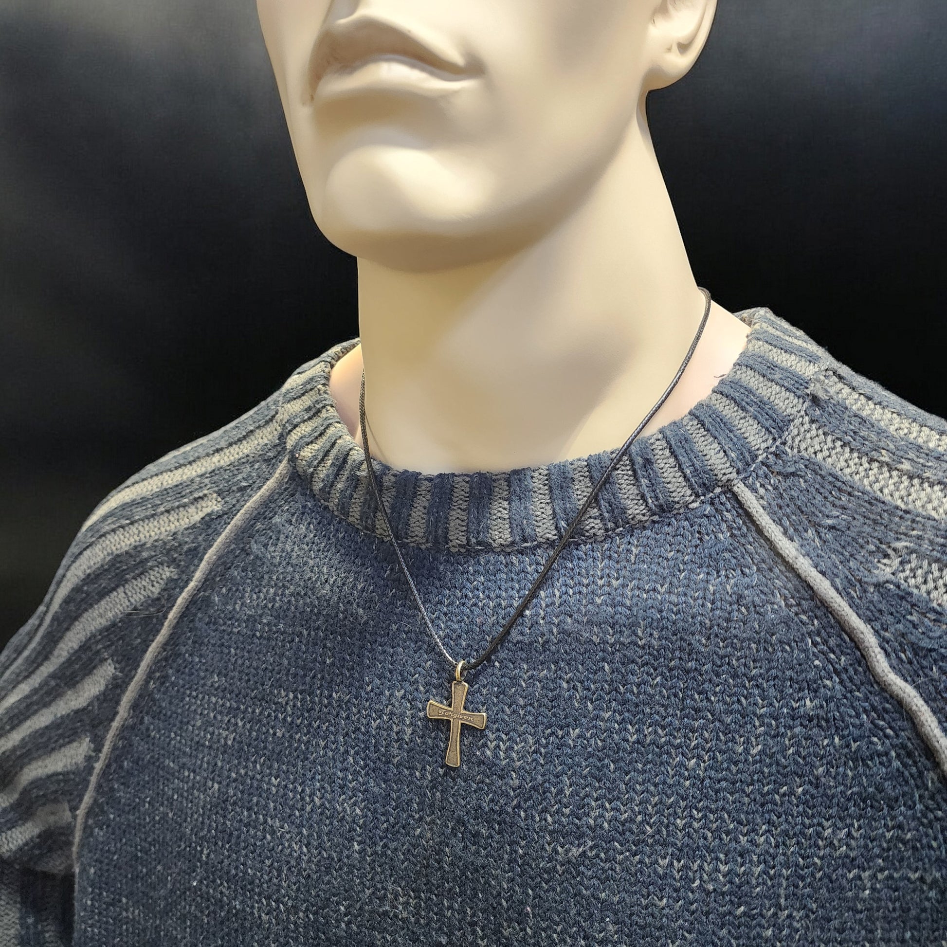 Forgiven Cross Antique Brass Metal Finish Black Cord Necklace