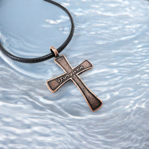 Forgiven Cross Antique Copper Metal Finish Black Cord Necklace