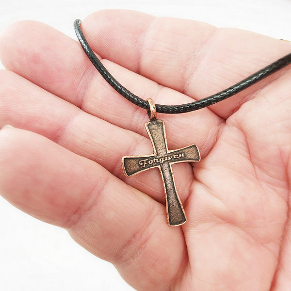 Forgiven Cross Antique Copper Metal Finish Black Cord Necklace