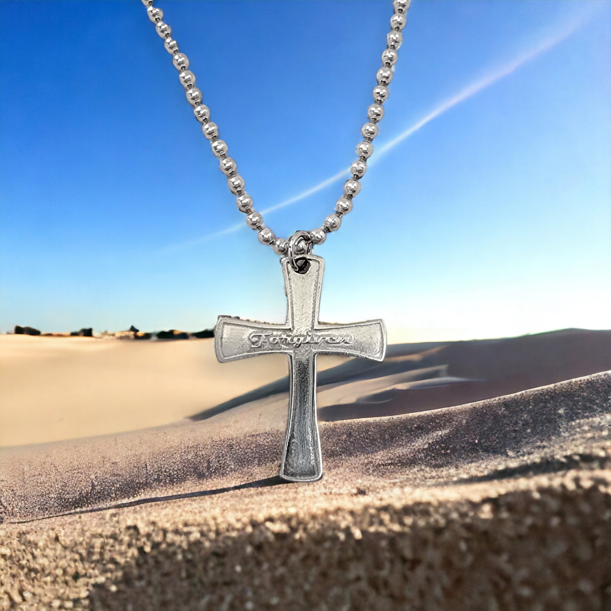 Forgiven Cross Antique Silver Metal Finish Ball Chain Necklace