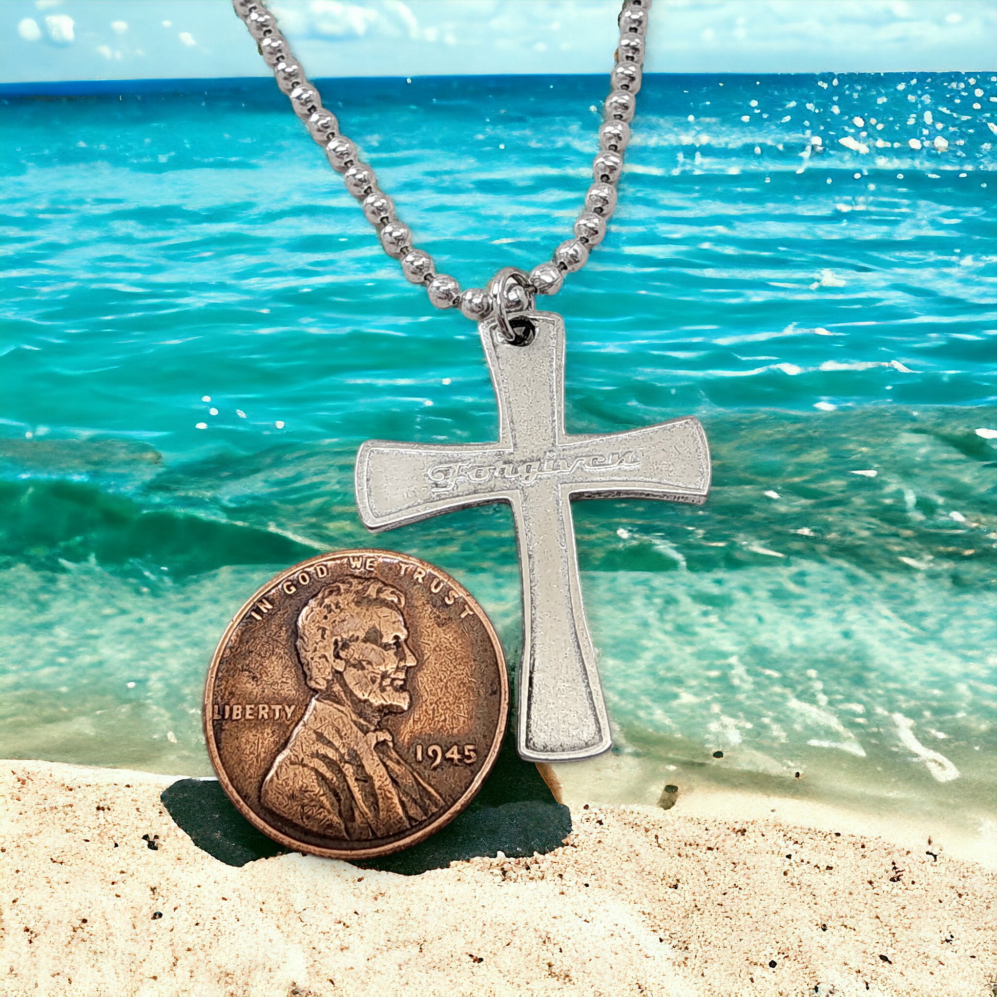 Forgiven Cross Antique Silver Metal Finish Ball Chain Necklace