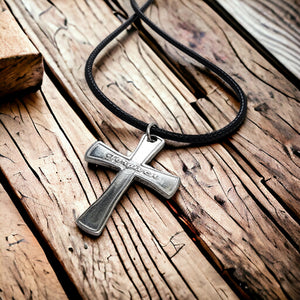 Forgiven Cross Antique Silver Metal Finish Black Cord Necklace