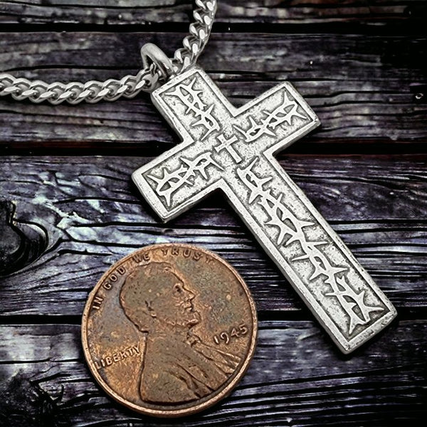 Thorns Cross Antique Silver Finish Pendant Curb Chain Necklace