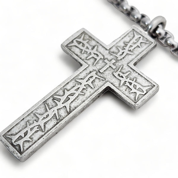 Thorns Cross Antique Silver Finish Pendant Heavy Box Chain Necklace