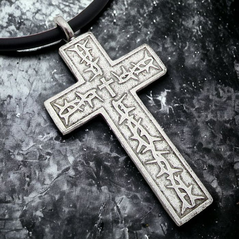 Thorns Cross Antique Silver Finish Pendant Black Cord Necklace