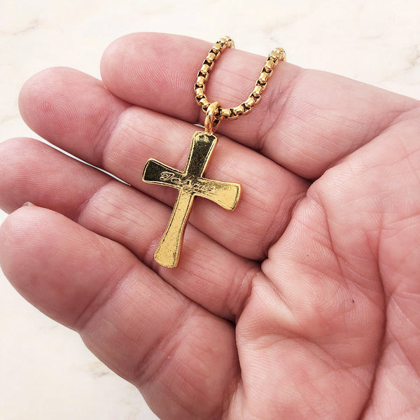 Cross Jesus Gold Metal Finish Necklace Steel Heavy Chain Necklace