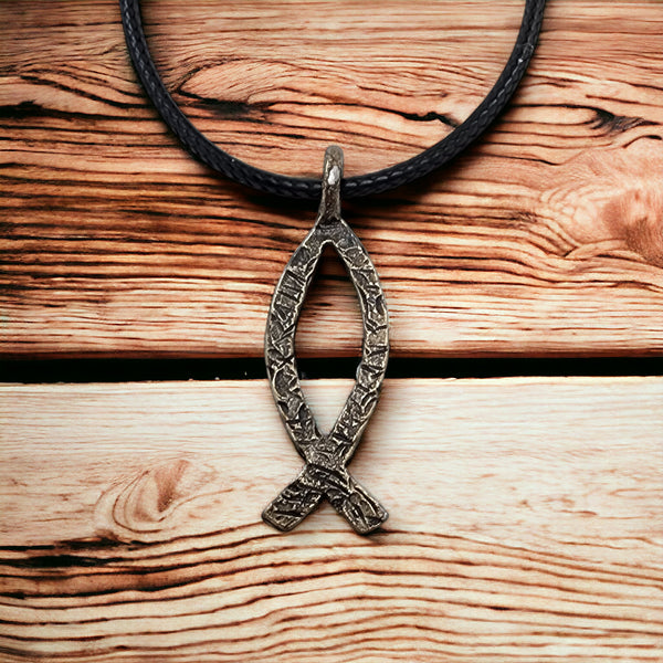 Ichthus Fish Hammered Antique Brass Finish Black Cord Necklace