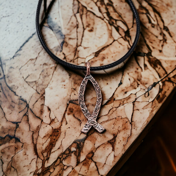 Ichthus Fish Hammered Antique Copper Finish Black Cord Necklace