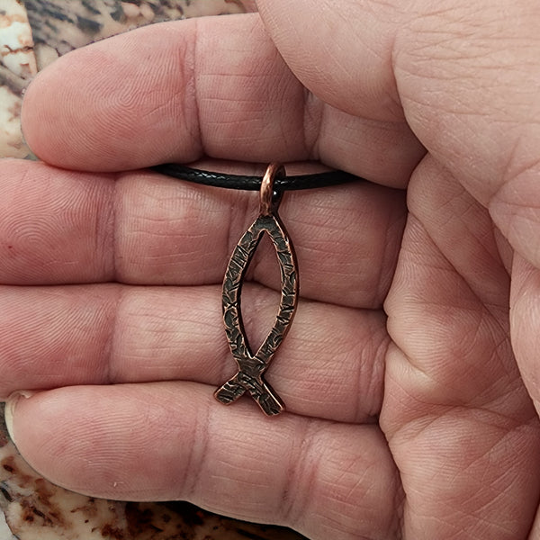 Ichthus Fish Hammered Antique Copper Finish Black Cord Necklace