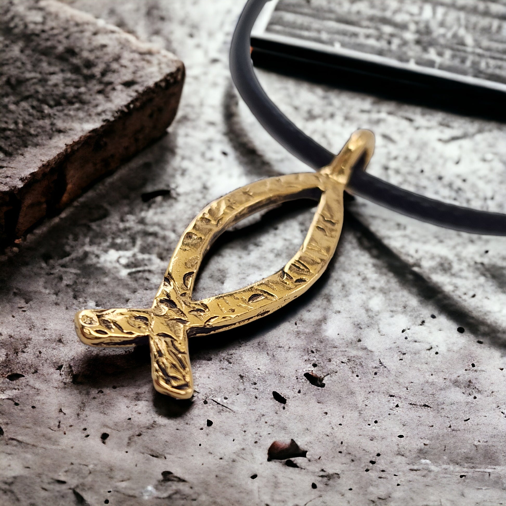 Ichthus Fish Hammered Gold Metal Finish Black Cord Necklace