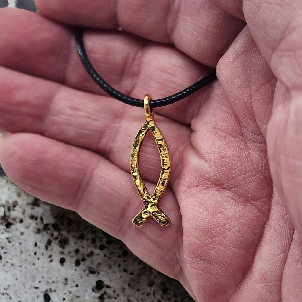 Ichthus Fish Hammered Gold Metal Finish Black Cord Necklace