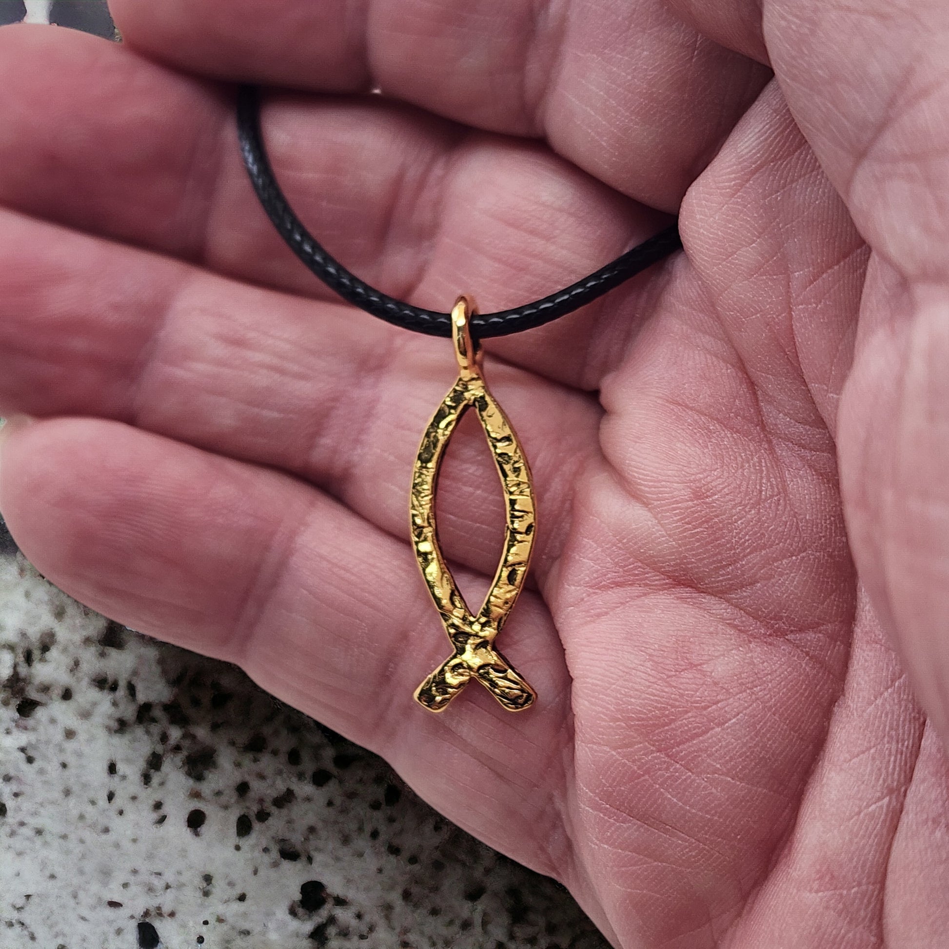 Ichthus Fish Hammered Gold Metal Finish Black Cord Necklace