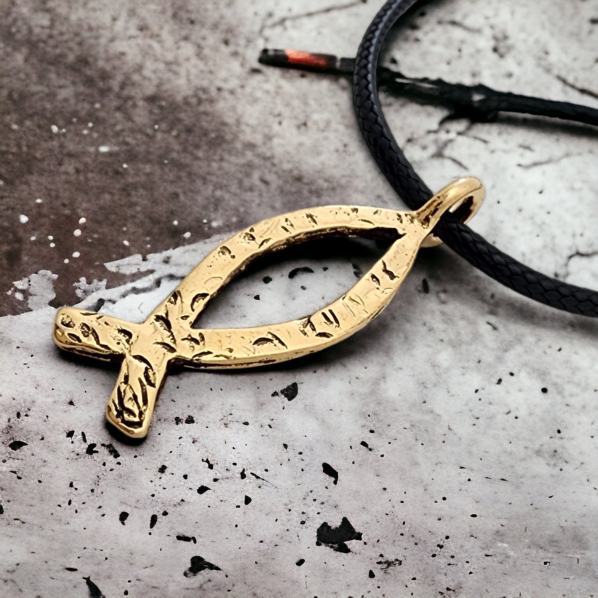 Ichthus Fish Hammered Gold Metal Finish Black Cord Necklace