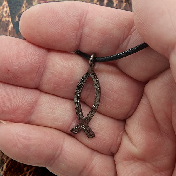 Ichthus Fish Hammered Dark Metal Finish Black Cord Necklace