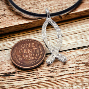 Ichthus Fish Hammered Rhodium Metal Finish Black Cord Necklace