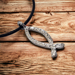 Ichthus Fish Hammered Rhodium Metal Finish Black Cord Necklace