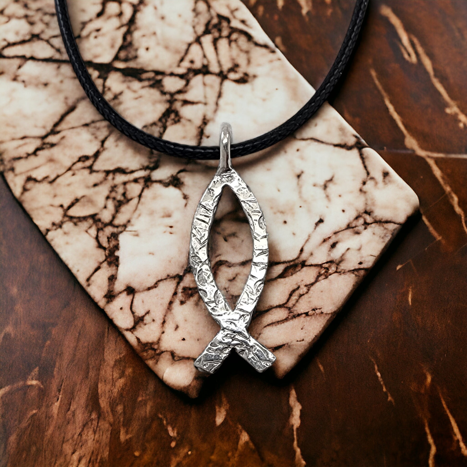 Ichthus Fish Hammered Finish Black Cord Necklace