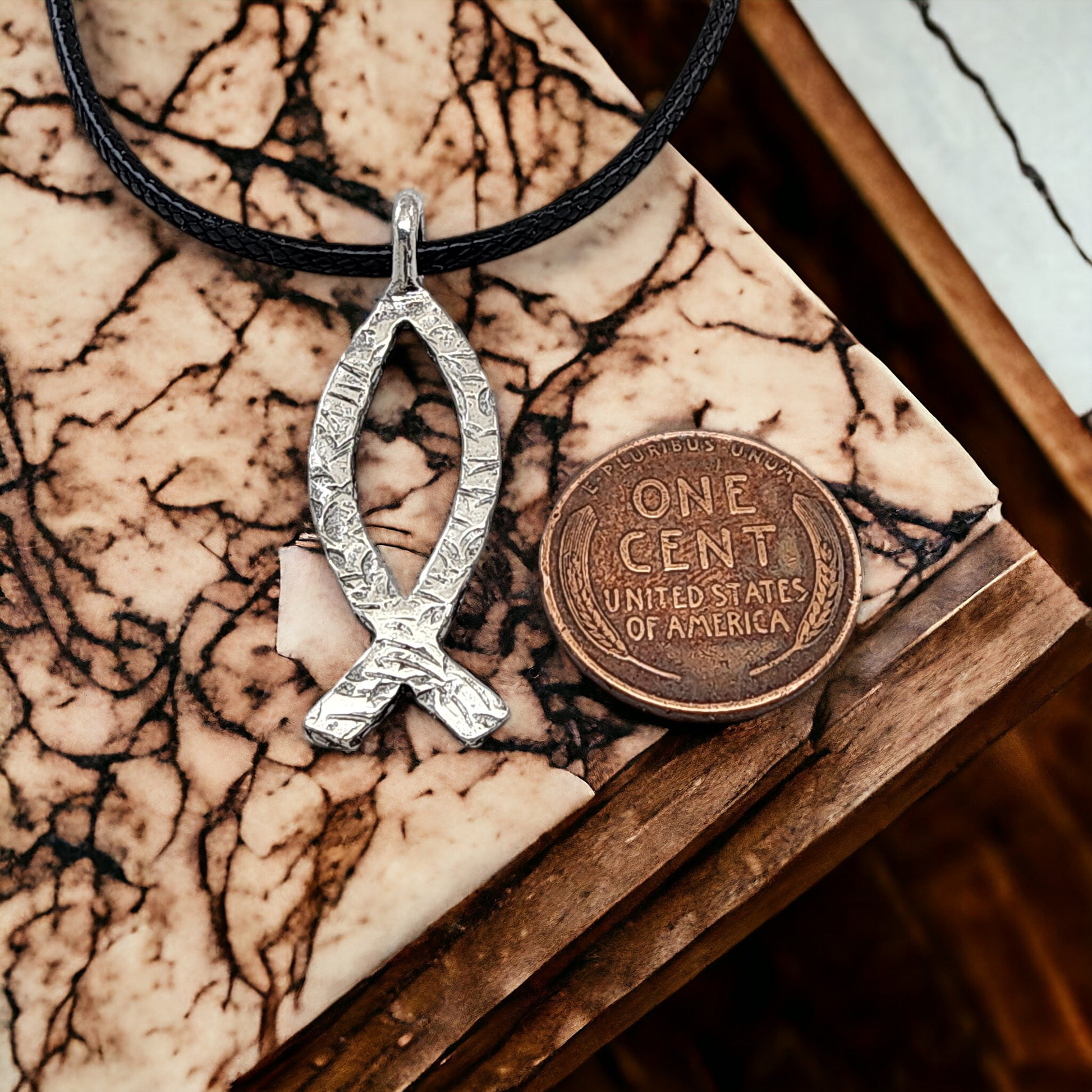 Ichthus Fish Hammered Finish Black Cord Necklace