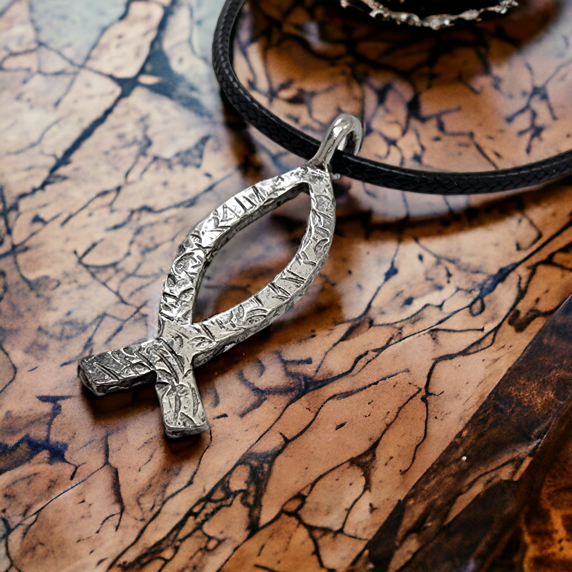 Ichthus Fish Hammered Finish Black Cord Necklace