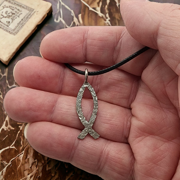 Ichthus Fish Hammered Finish Black Cord Necklace