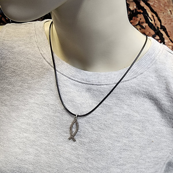 Ichthus Fish Hammered Finish Black Cord Necklace