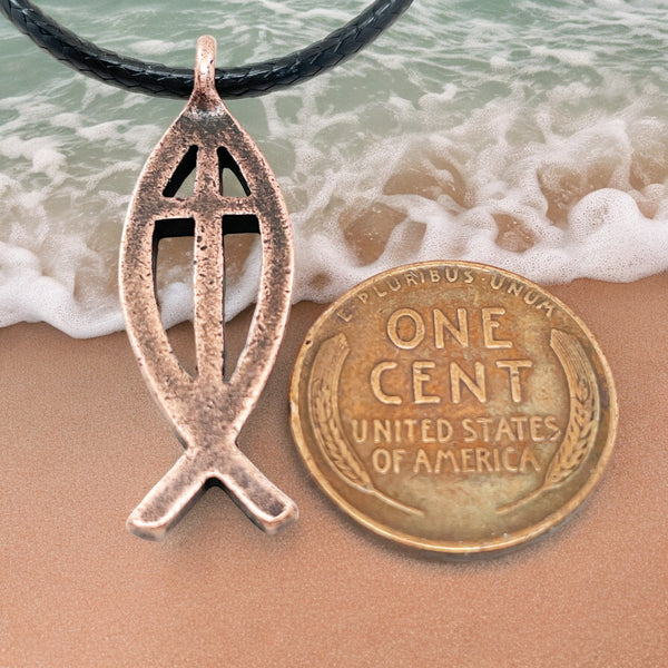 Cross Ichthus Jesus Fish Copper Finish Black Cord Necklace