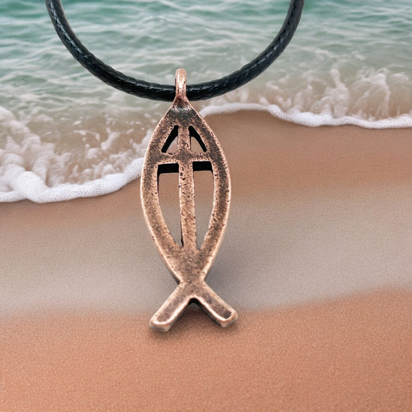 Cross Ichthus Jesus Fish Copper Finish Black Cord Necklace