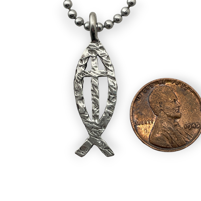 Cross Ichthus Hammered Fish Ball Chain Necklace
