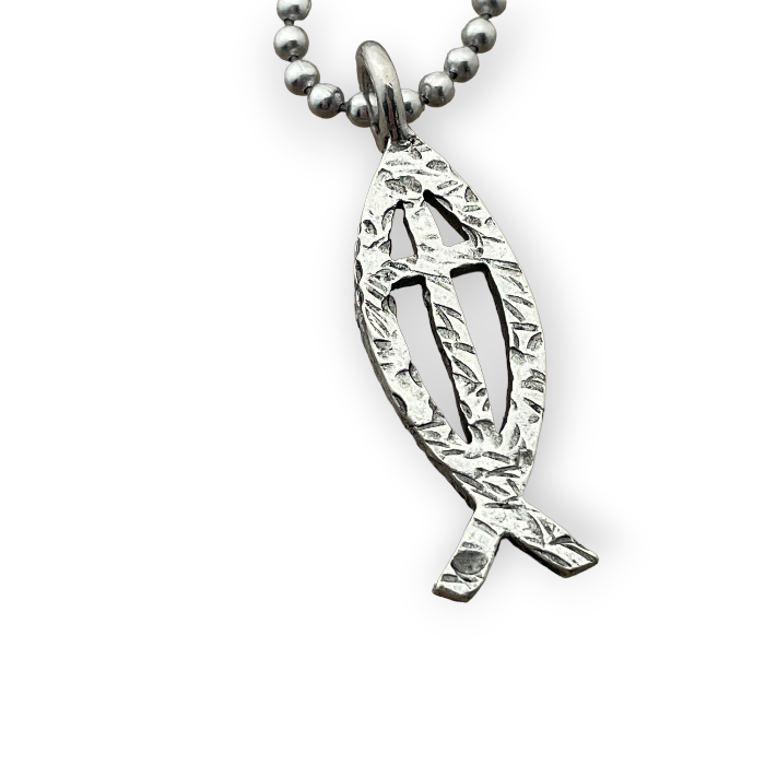 Cross Ichthus Hammered Fish Ball Chain Necklace