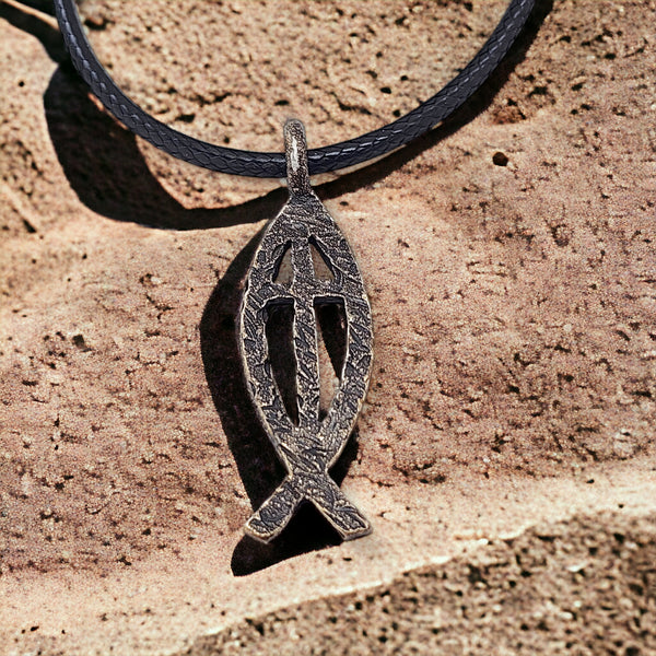 Ichthus Fish Cross Hammered Antique Brass Finish Black Cord Necklace