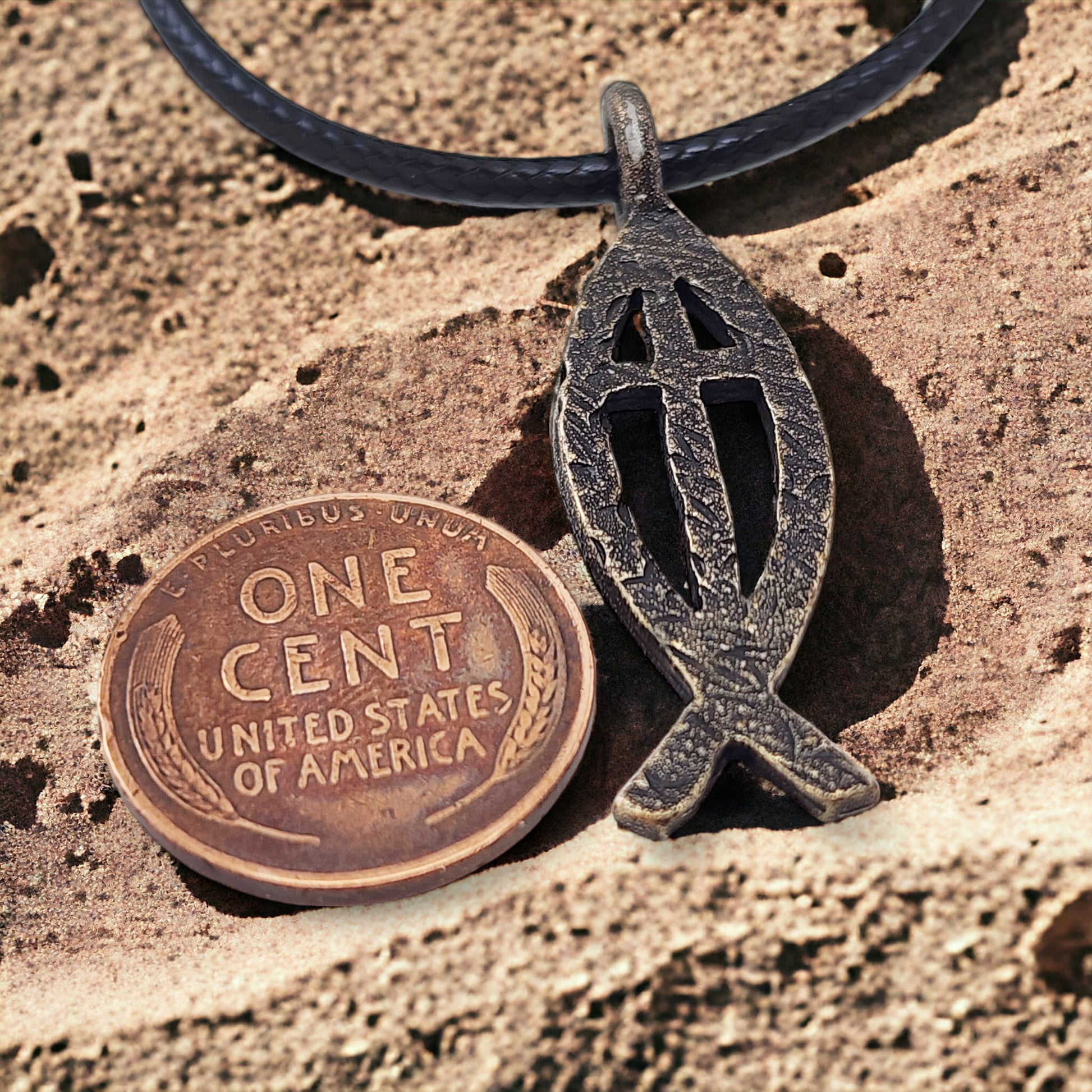 Ichthus Fish Cross Hammered Antique Brass Finish Black Cord Necklace