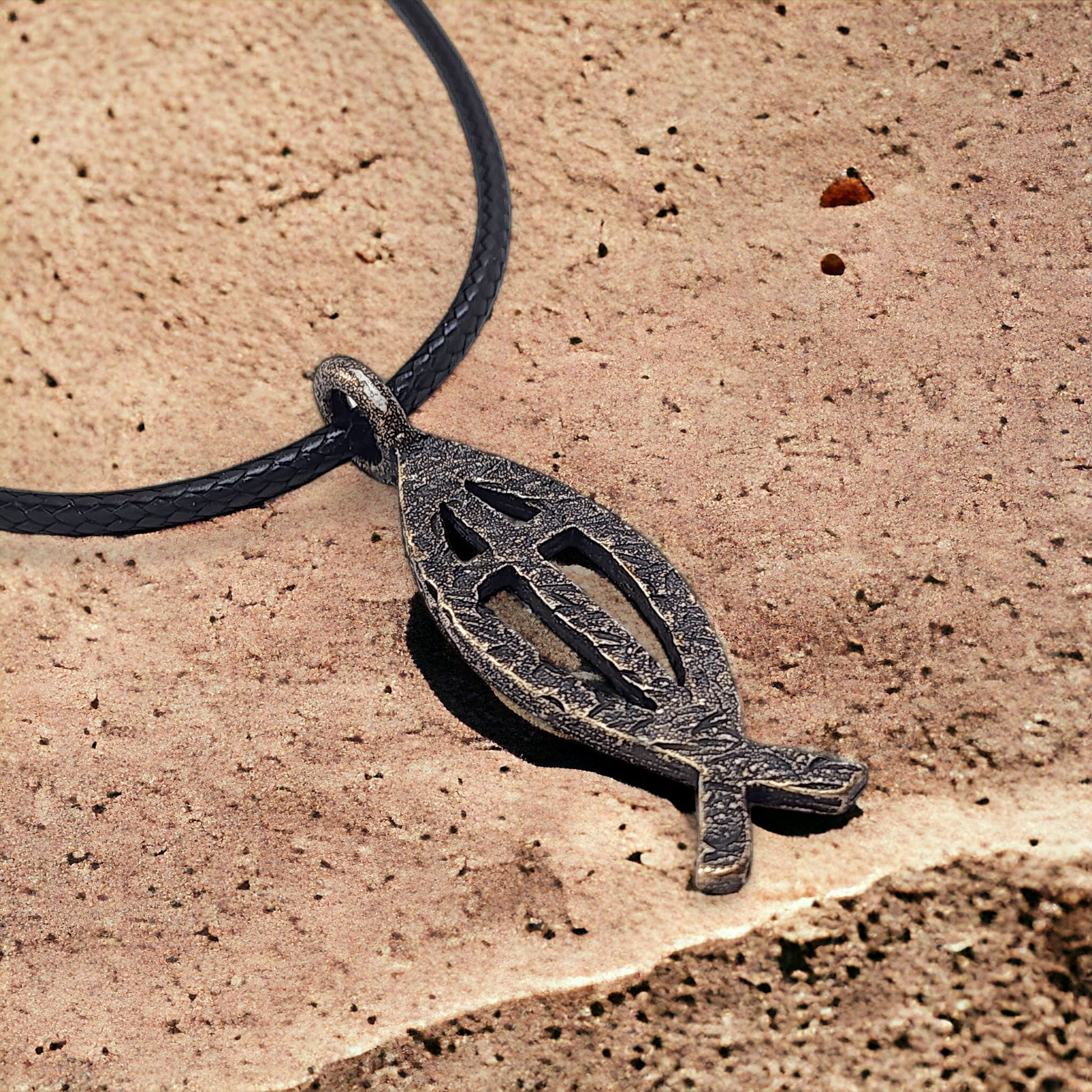 Ichthus Fish Cross Hammered Antique Brass Finish Black Cord Necklace