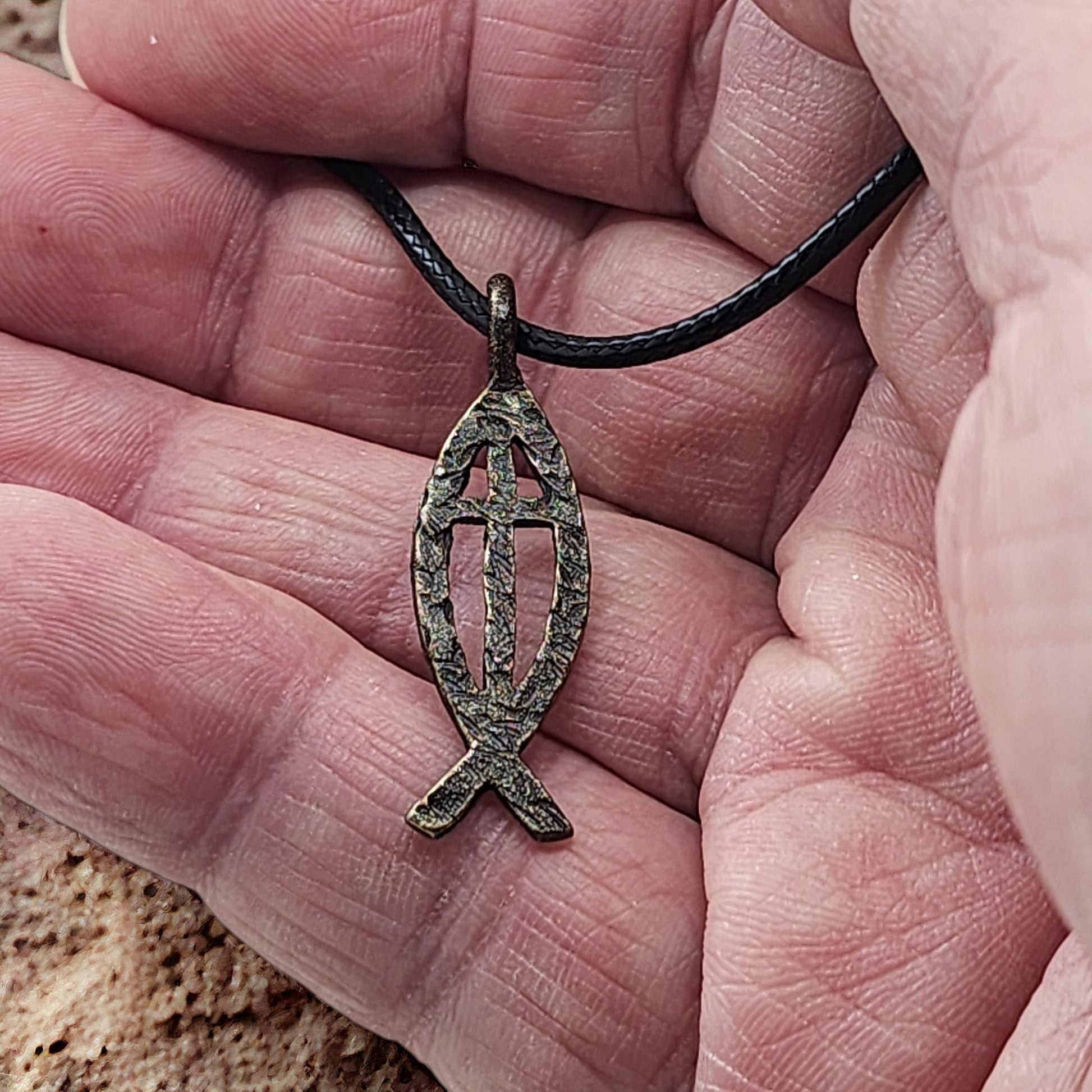 Ichthus Fish Cross Hammered Antique Brass Finish Black Cord Necklace
