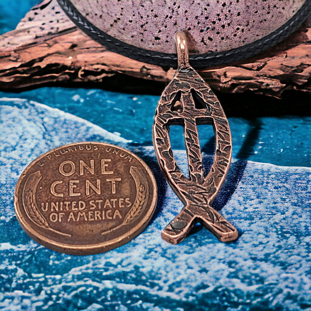 Ichthus Fish Cross Hammered Antique Copper Finish Black Cord Necklace
