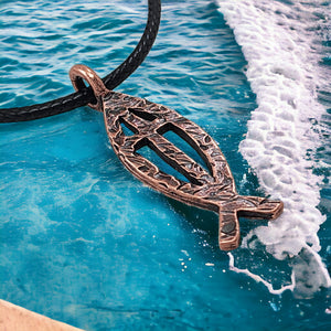Ichthus Fish Cross Hammered Antique Copper Finish Black Cord Necklace