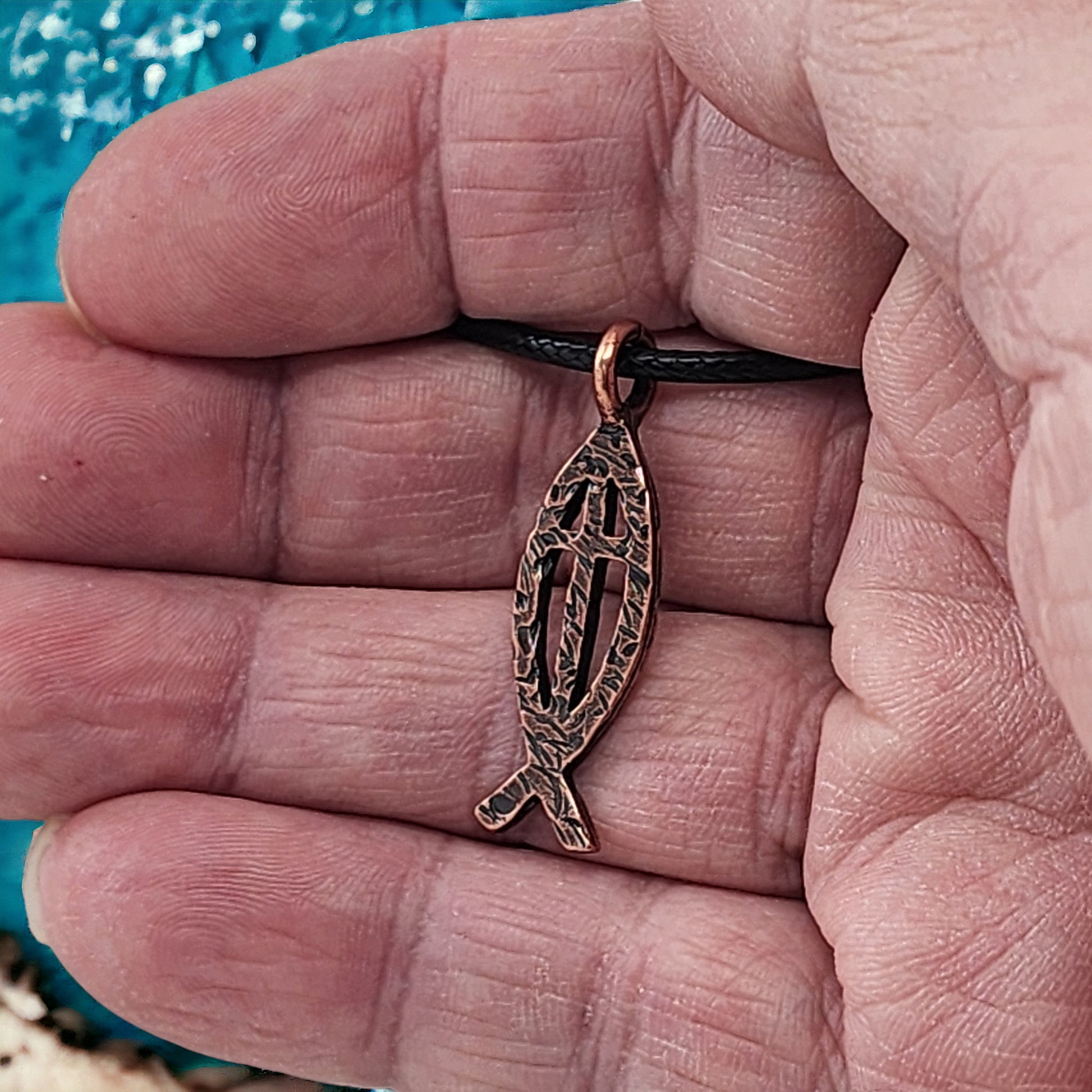 Ichthus Fish Cross Hammered Antique Copper Finish Black Cord Necklace