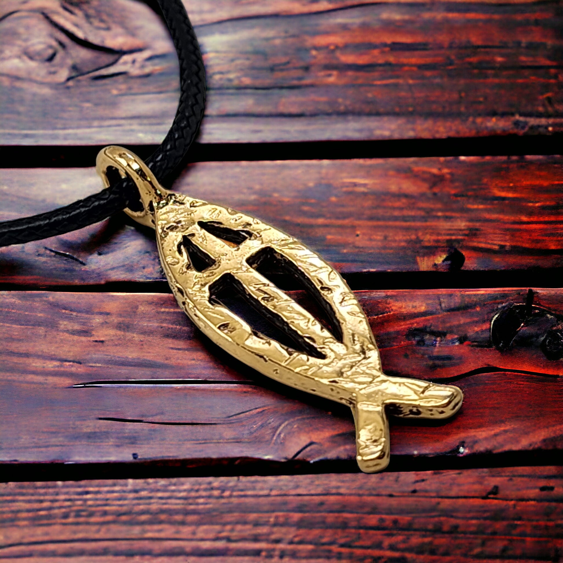 Ichthus Fish Cross Hammered Gold Metal Finish Black Cord Necklace