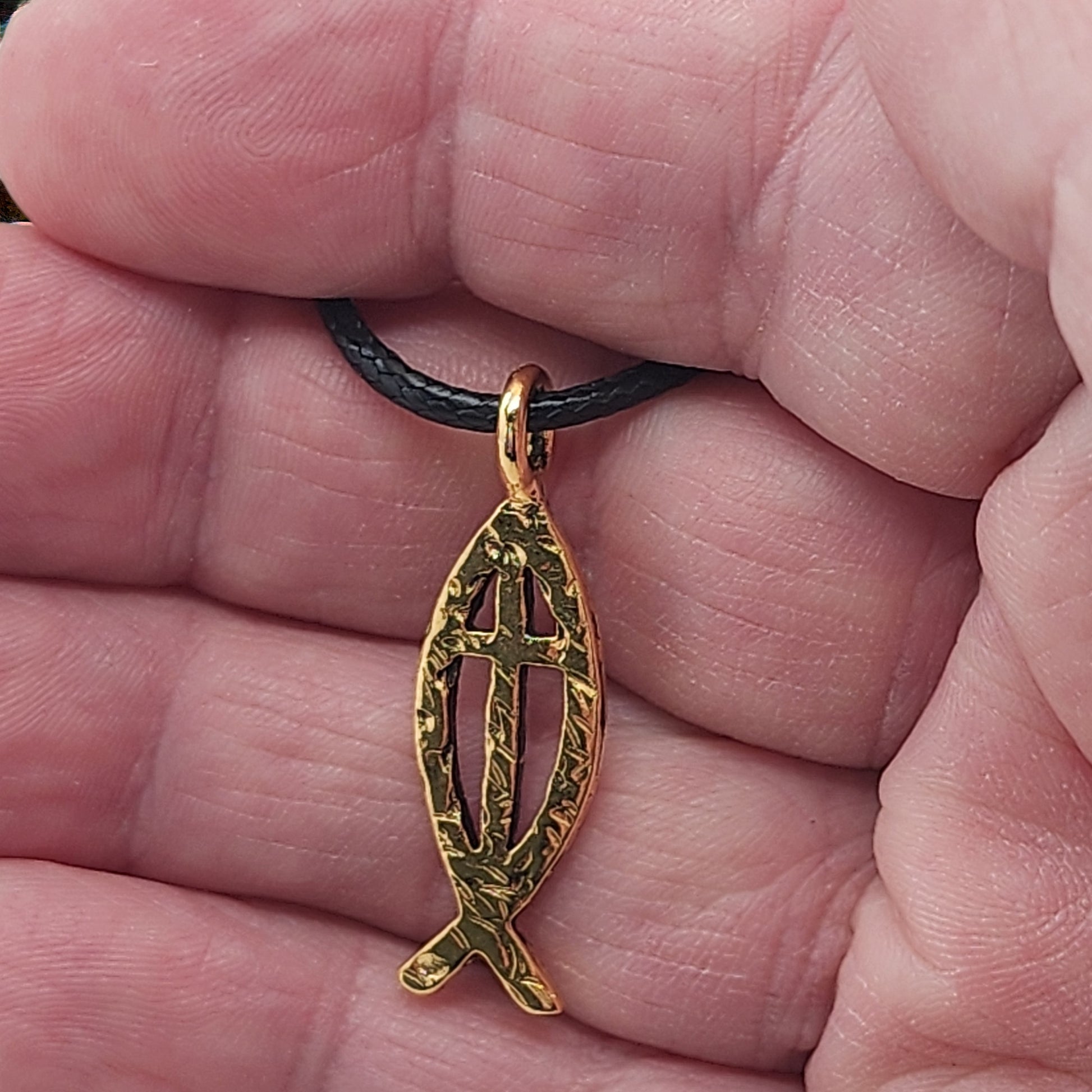 Ichthus Fish Cross Hammered Gold Metal Finish Black Cord Necklace