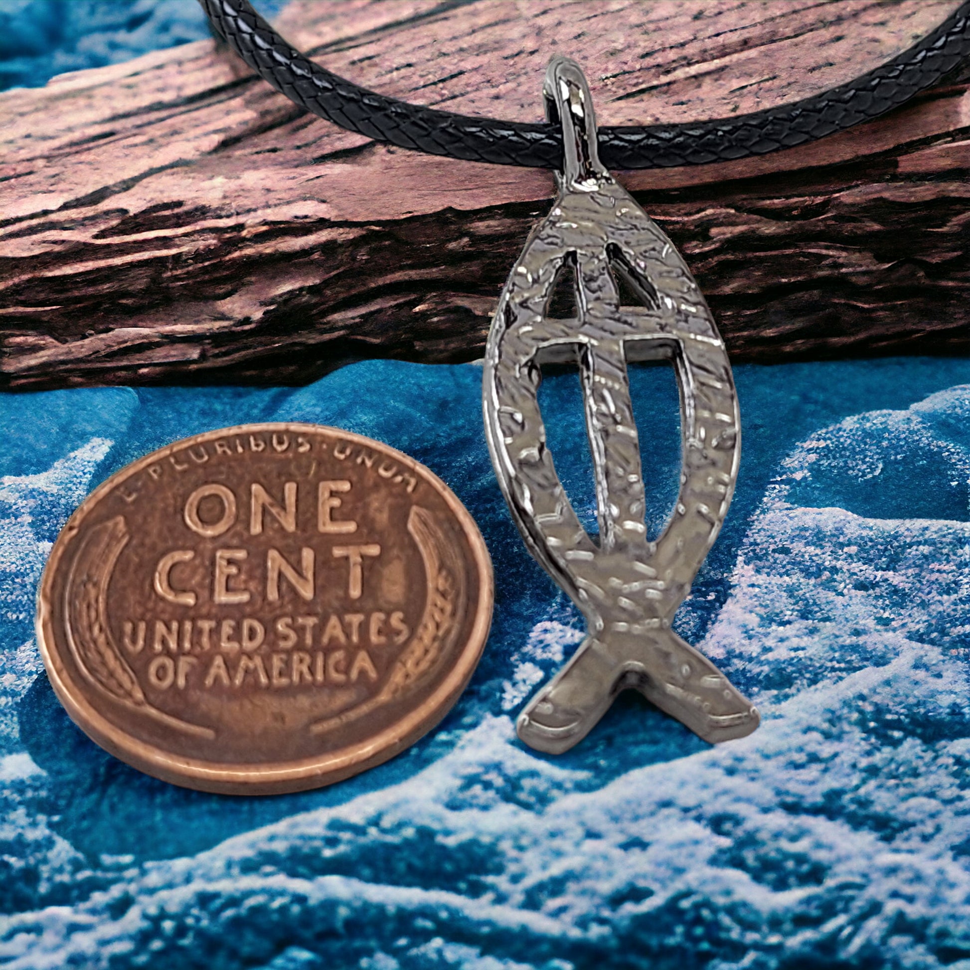 Ichthus Fish Cross Hammered Dark Metal Finish Black Cord Necklace