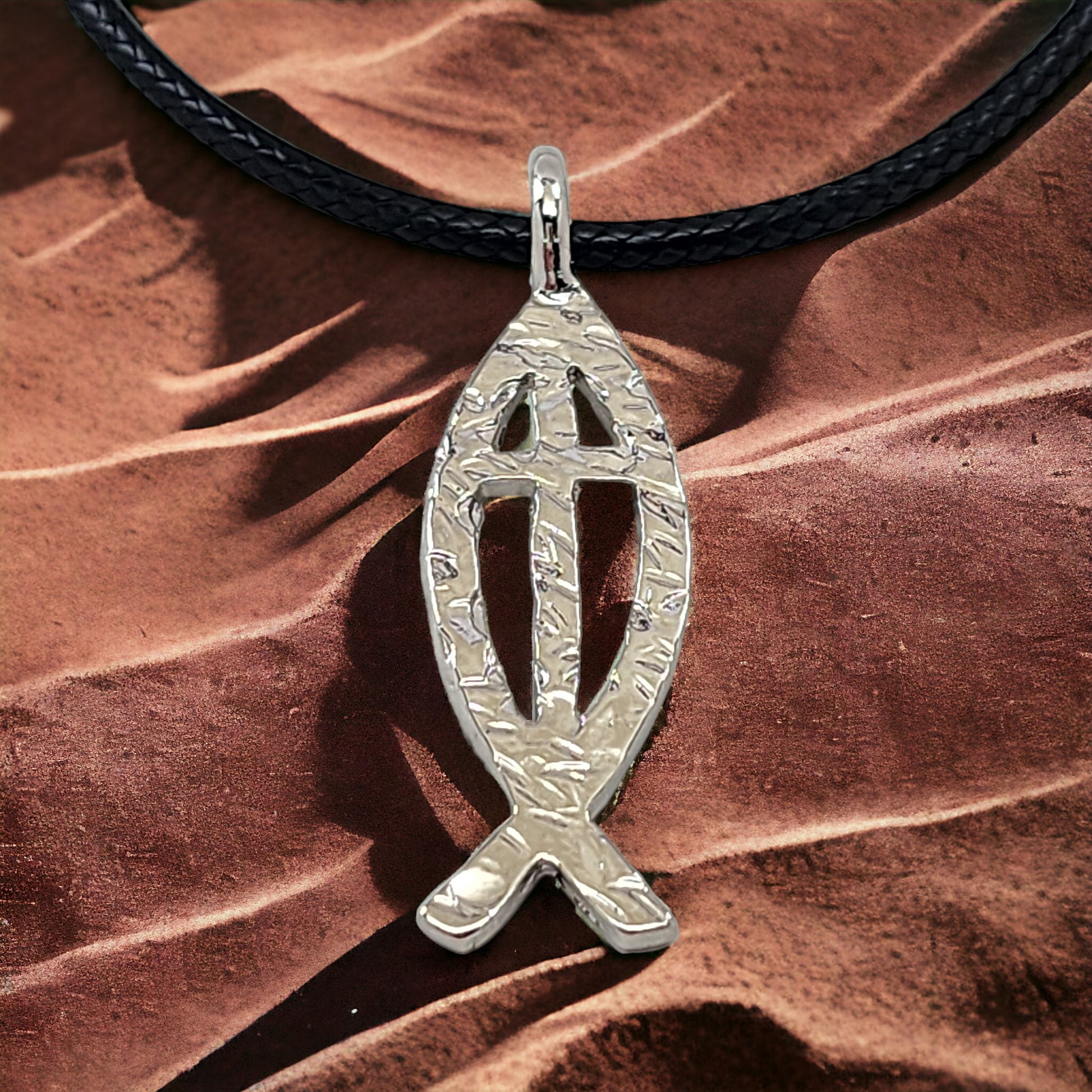 Ichthus Fish Cross Hammered Rhodium Metal Finish Black Cord Necklace
