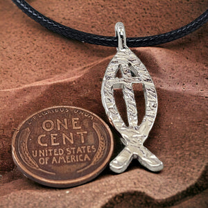 Ichthus Fish Cross Hammered Rhodium Metal Finish Black Cord Necklace