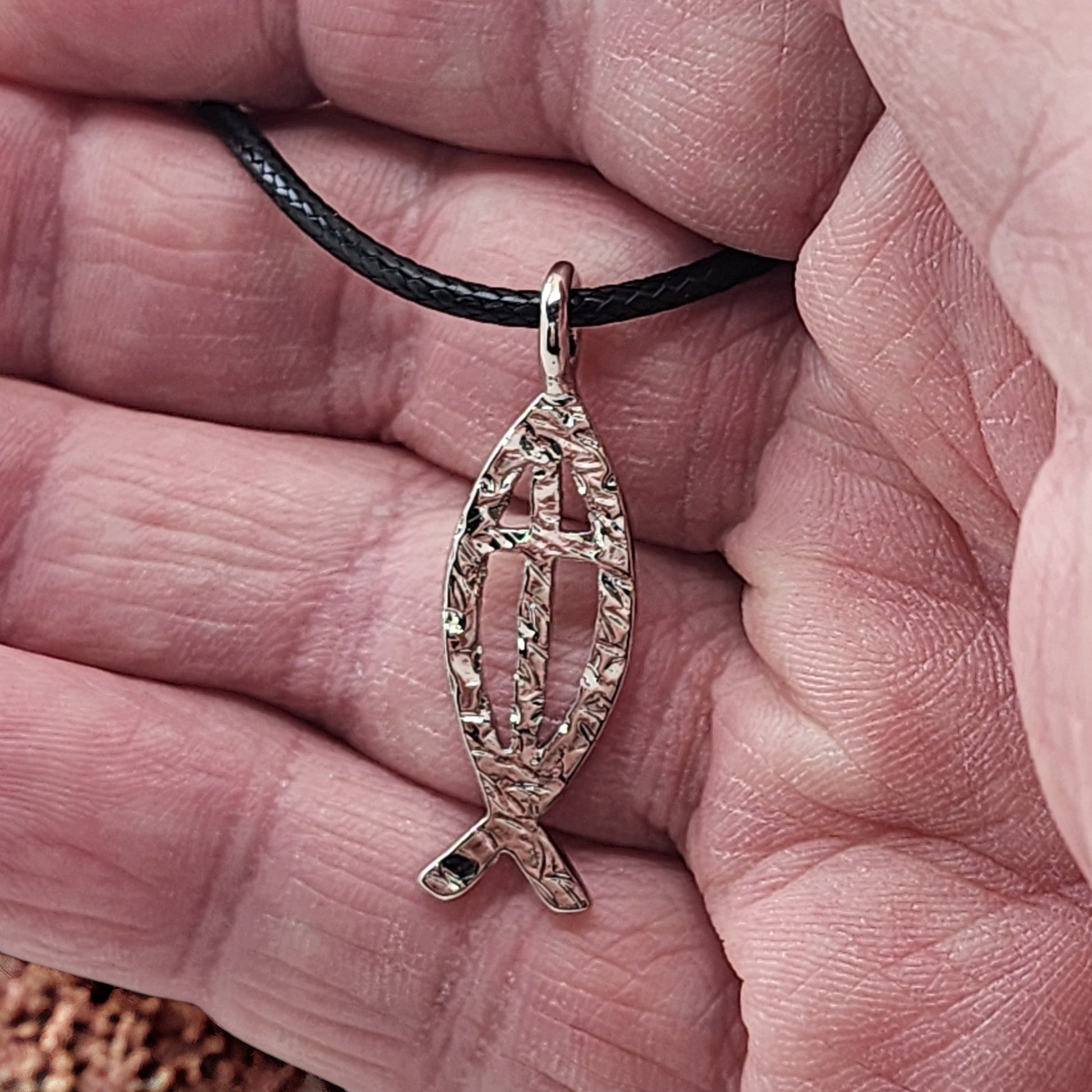 Ichthus Fish Cross Hammered Rhodium Metal Finish Black Cord Necklace