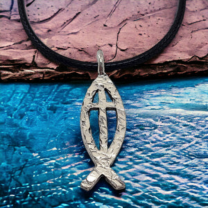 Ichthus Fish Cross Hammered Antique Silver Finish Black Cord Necklace