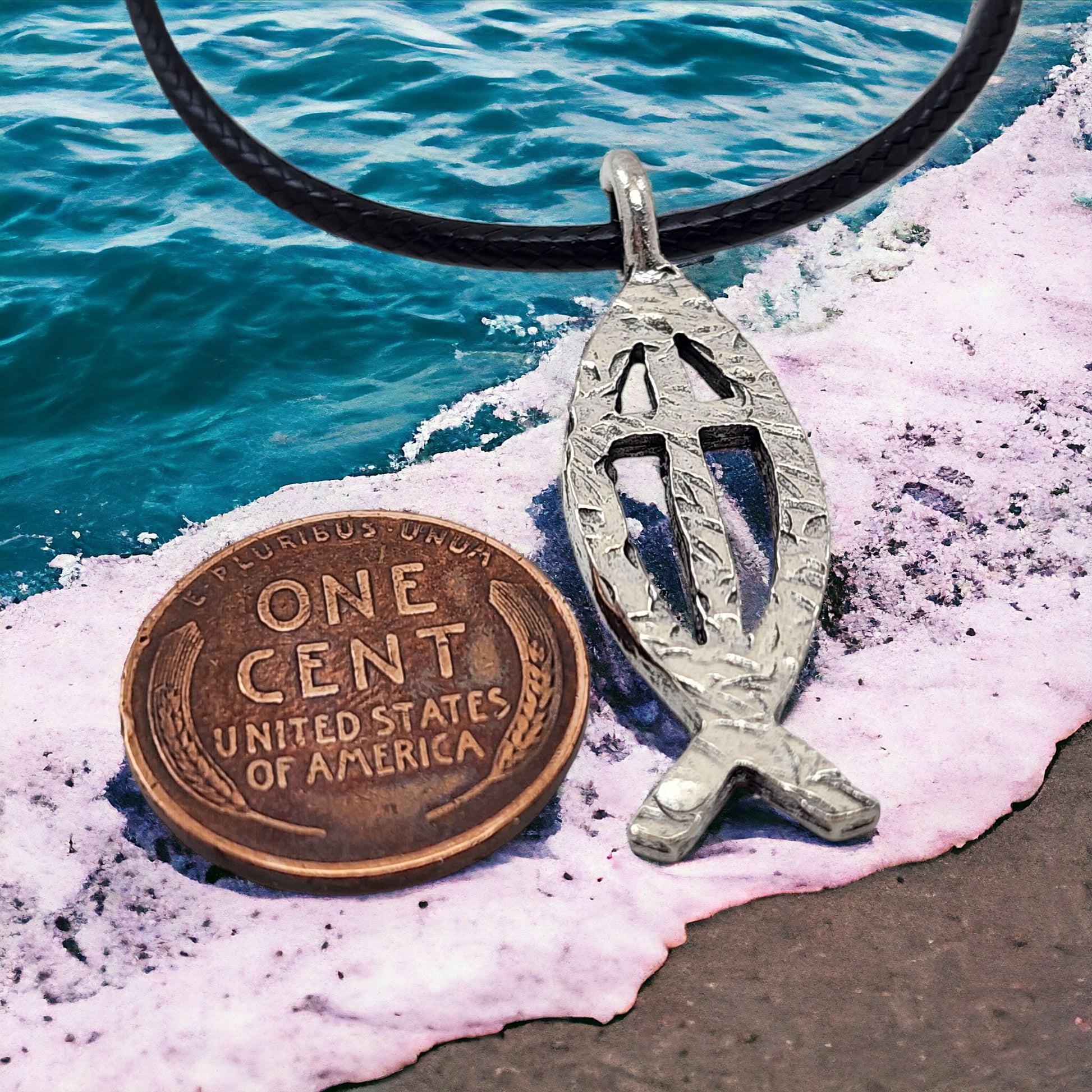 Ichthus Fish Cross Hammered Antique Silver Finish Black Cord Necklace