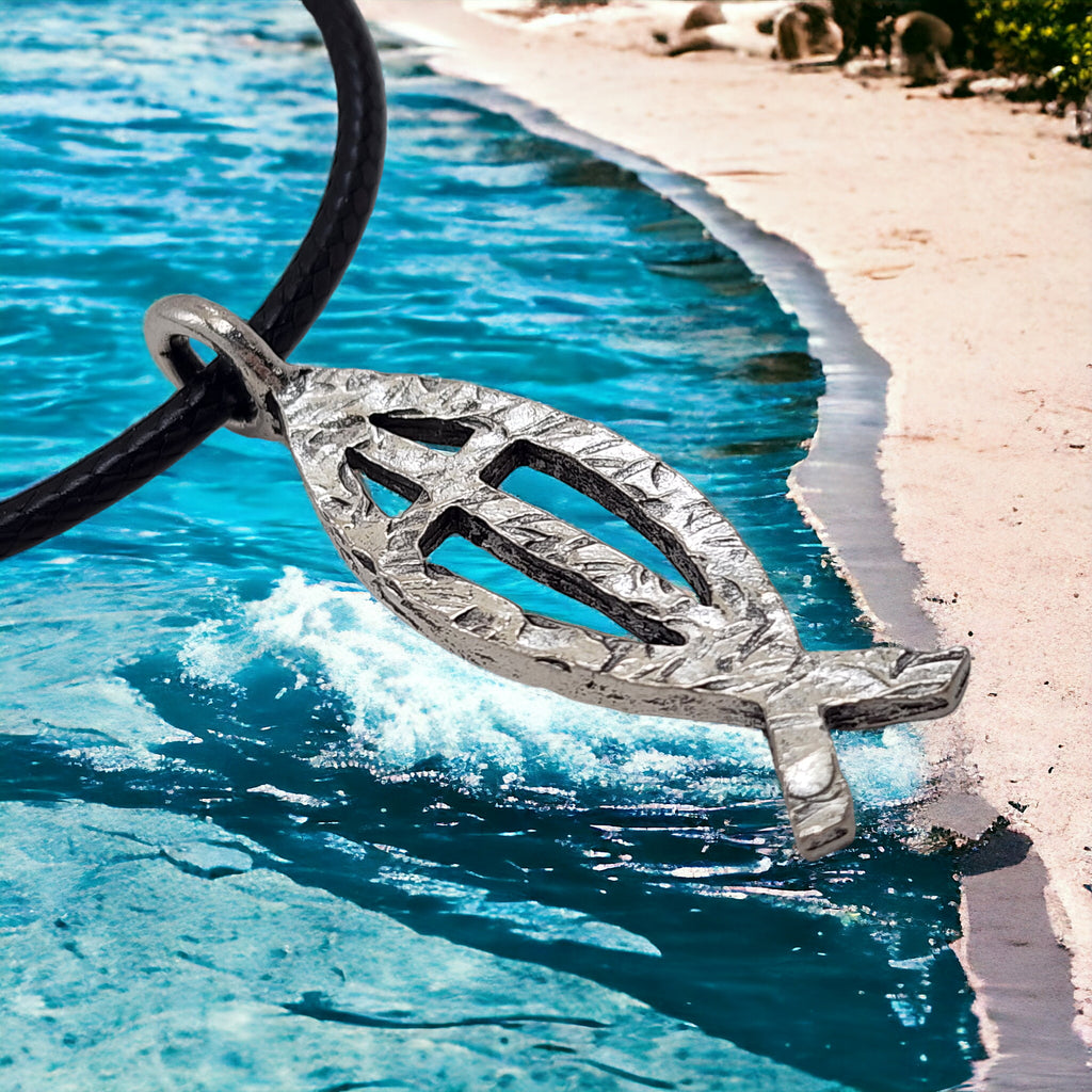 Ichthus Fish Cross Hammered Antique Silver Finish Black Cord Necklace