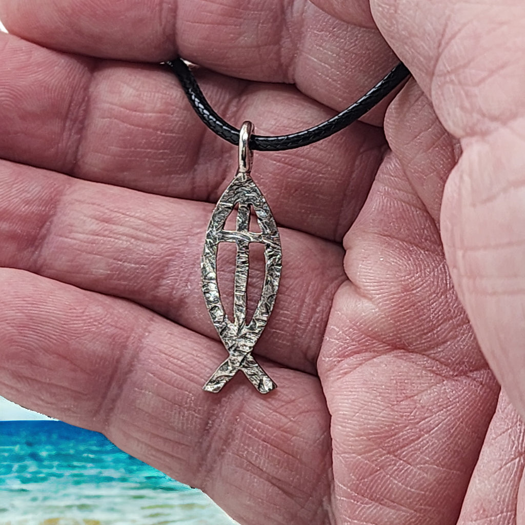 Ichthus Fish Cross Hammered Antique Silver Finish Black Cord Necklace