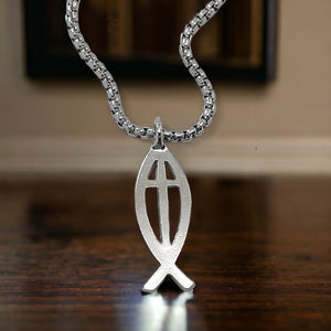 Cross Ichthus Fish Stainless Steel Heavy Chain Necklace