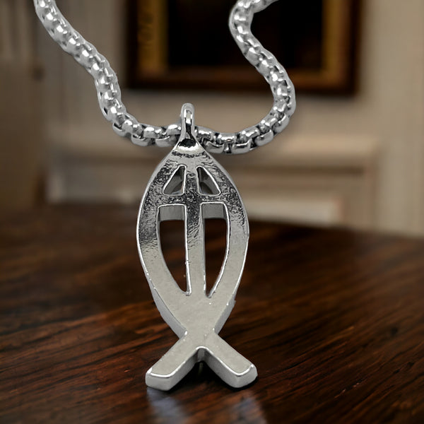 Cross Ichthus Fish Stainless Steel Heavy Chain Necklace