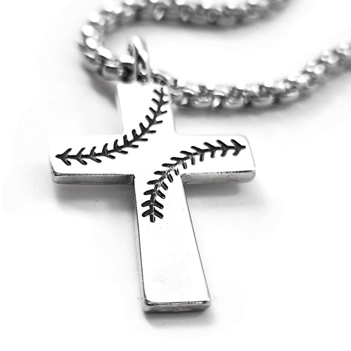 Baseball Stitch Cross Rhodium Finish Necklace on Heavy Chain