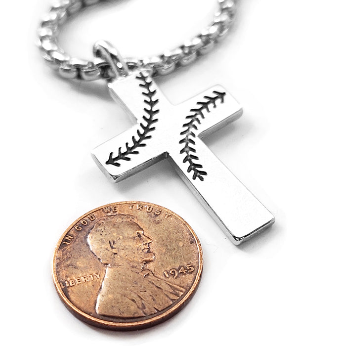 Baseball Stitch Cross Rhodium Finish Necklace on Heavy Chain